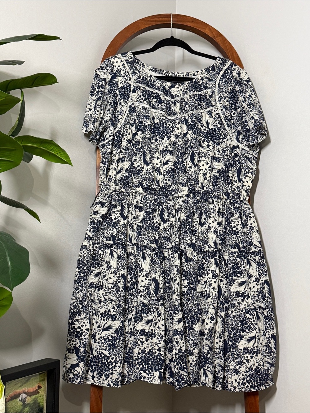 Lane Bryant 20 Blue White Floral 100% Cotton Stretch Waist Fit & Flare Dress